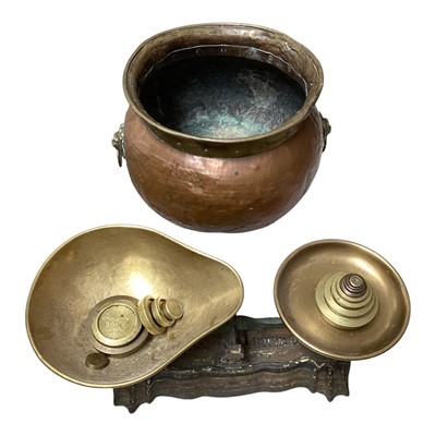 Lot 5132 - Antique set of kitchen scales inscribed 'C. Hodgson & Son', with brass weights, and a copper and brass cauldron with lion mask handles