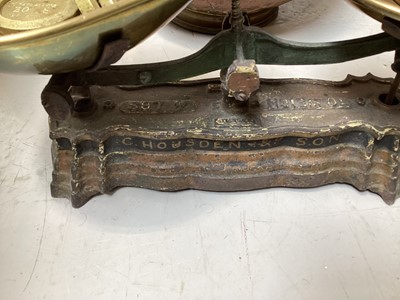 Lot 5132 - Antique set of kitchen scales inscribed 'C. Hodgson & Son', with brass weights, and a copper and brass cauldron with lion mask handles