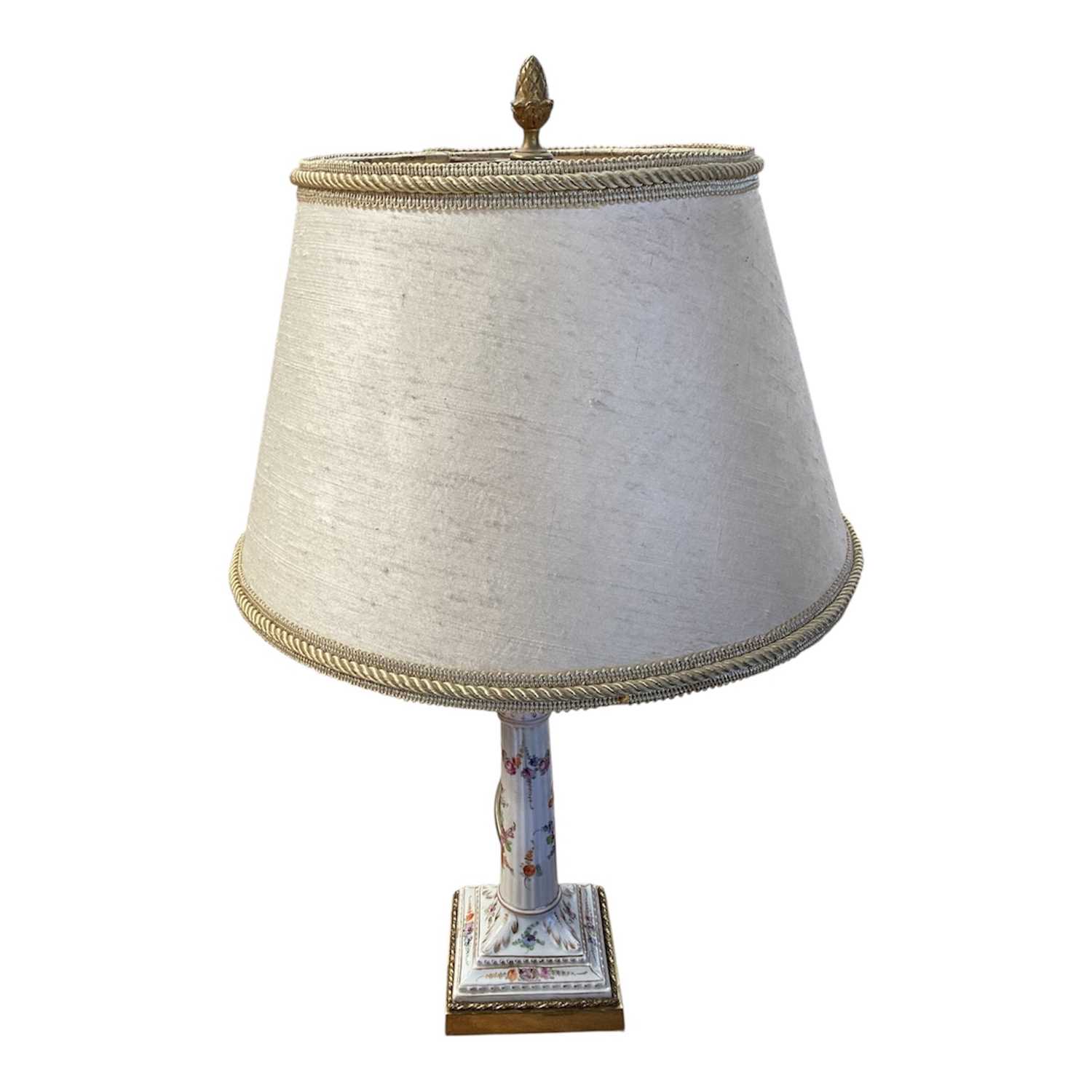 Lot 5128 - 19th century Meissen-style porcelain candlestick, painted with flowers, converted to a lamp, with shade