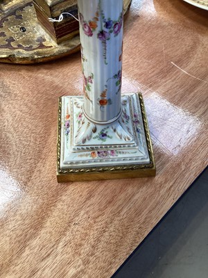 Lot 5128 - 19th century Meissen-style porcelain candlestick, painted with flowers, converted to a lamp, with shade