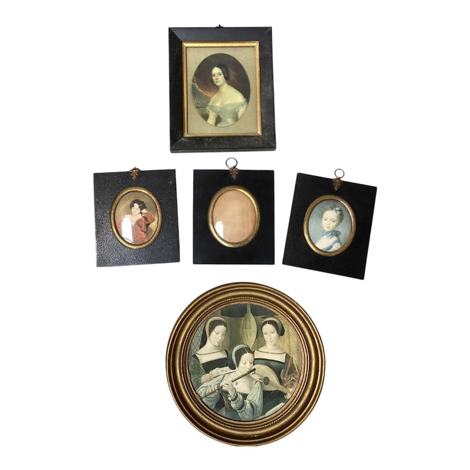 Lot 5134 - Three antique black lacquered portrait miniature frames, and two other frames, with prints