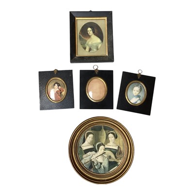 Lot 5134 - Three antique black lacquered portrait miniature frames, and two other frames, with prints
