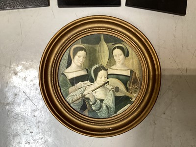 Lot 5134 - Three antique black lacquered portrait miniature frames, and two other frames, with prints
