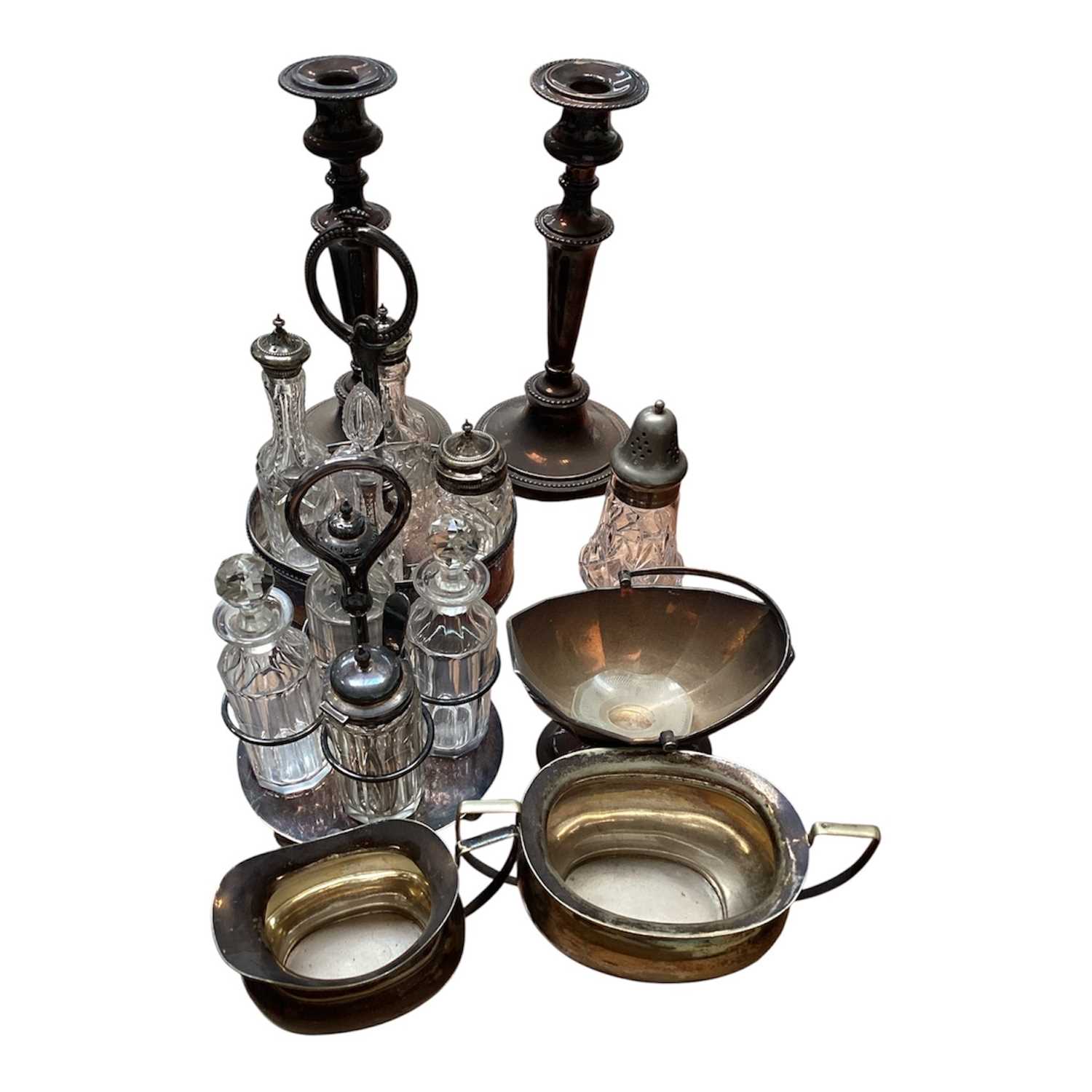 Lot 5135 - Group of silver plate, including two cruet sets, pair of candlesticks, etc