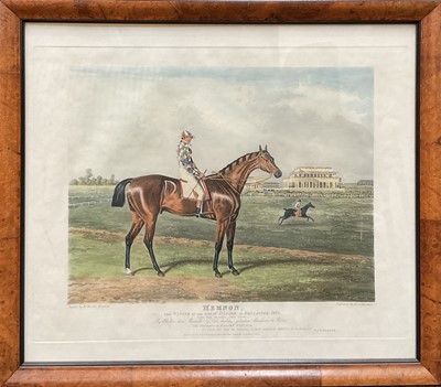 Lot 968 - Thomas Sutherland (1785-1838) hand coloured aquatint after J. F. Herring of Memnon, the St. Leger winner 1825, pub. Fuller, Rathbone Place London, 31cm x 41cm, in glazed maple veneered frame