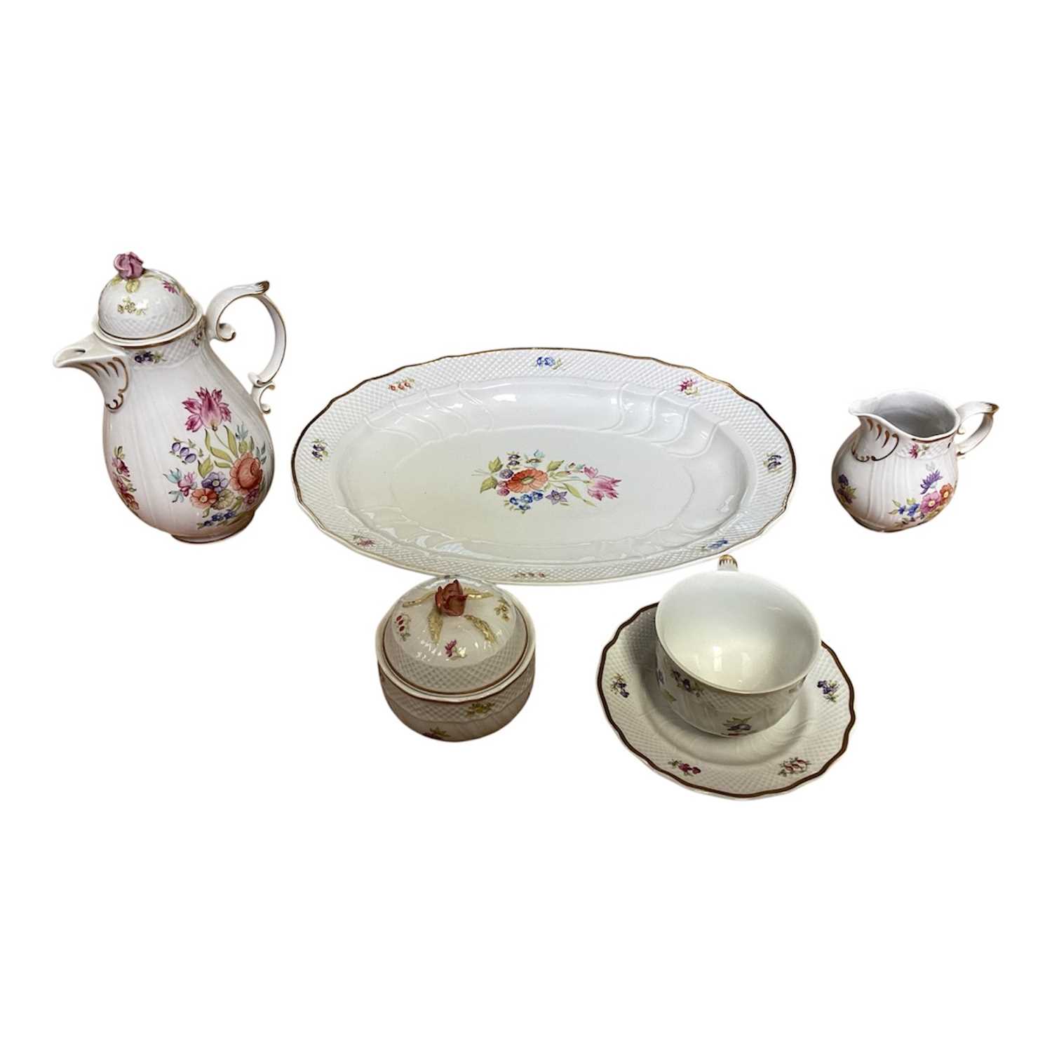 Lot 5148 - Hungarian Hollohaza hand painted coffee set, including coffee pot, cream jug, sugar bowl and cover, cup and saucer, and serving dish