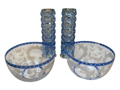 Lot 5153 - Pair of Bohemian engraved glass finger bowls, together with a pair of blue cut glass vases with white metal mounts, and other glass and ceramics