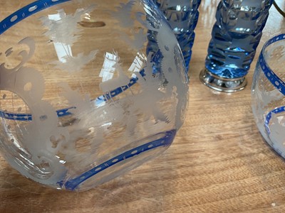Lot 5153 - Pair of Bohemian engraved glass finger bowls, together with a pair of blue cut glass vases with white metal mounts, and other glass and ceramics