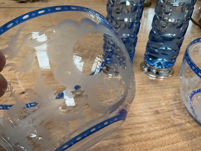 Lot 5153 - Pair of Bohemian engraved glass finger bowls, together with a pair of blue cut glass vases with white metal mounts, and other glass and ceramics