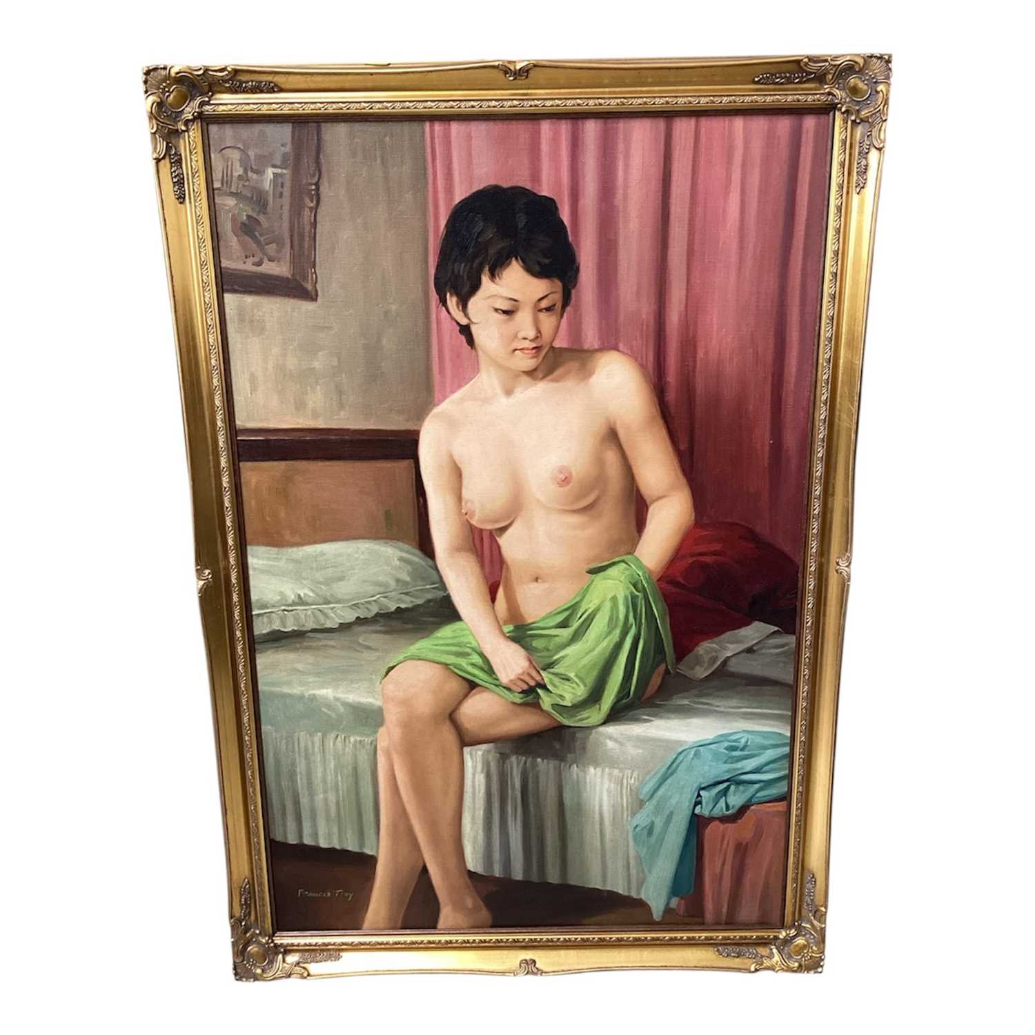 Lot 5175 - Francis Tsoy (Chinese, 20th century) large oil on canvas, nude portrait of a woman, signed, 89cm x 59cm