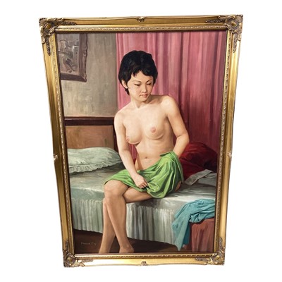 Lot 5175 - Francis Tsoy (Chinese, 20th century) large oil on canvas, nude portrait of a woman, signed, 89cm x 59cm