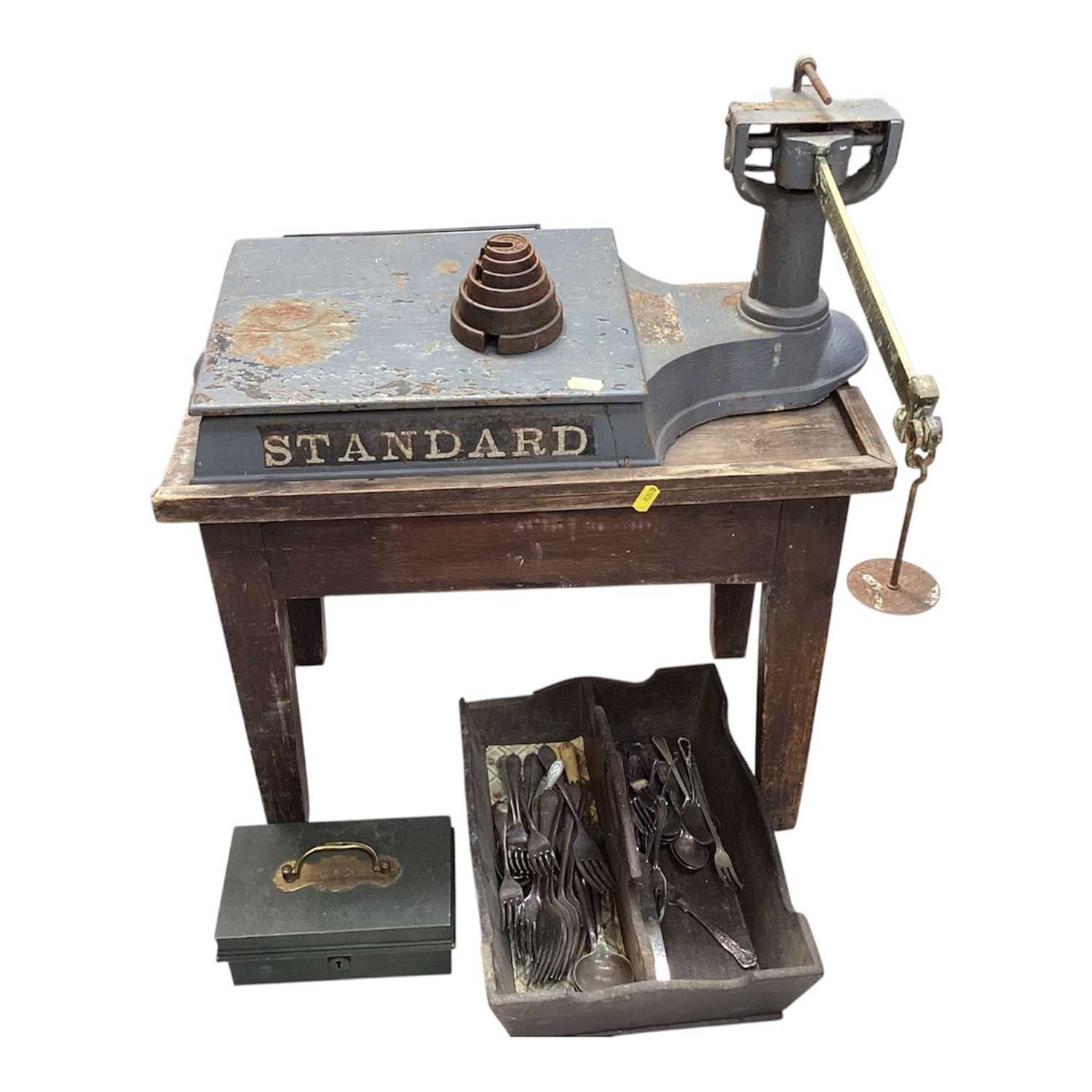 Lot 5182 - Set of Edwardian shop scales and weights together with silver plated cutlery, 'Wild Woodbine' advertising poster, cash box and a architect's square
