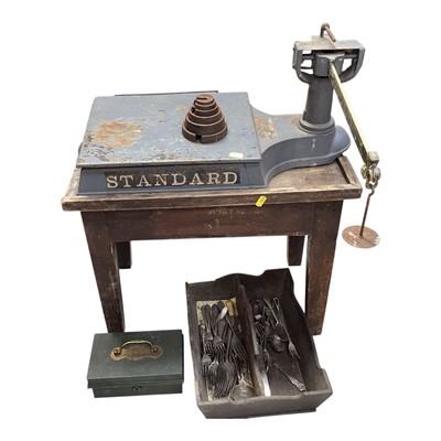 Lot 5182 - Set of Edwardian shop scales and weights together with silver plated cutlery, 'Wild Woodbine' advertising poster, cash box and a architect's square