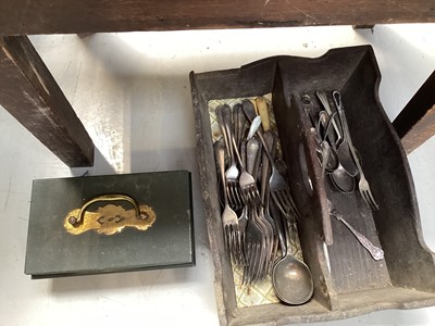 Lot 5182 - Set of Edwardian shop scales and weights together with silver plated cutlery, 'Wild Woodbine' advertising poster, cash box and a architect's square