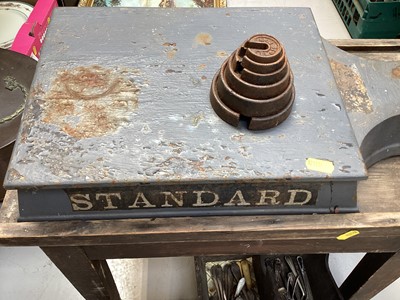 Lot 5182 - Set of Edwardian shop scales and weights together with silver plated cutlery, 'Wild Woodbine' advertising poster, cash box and a architect's square