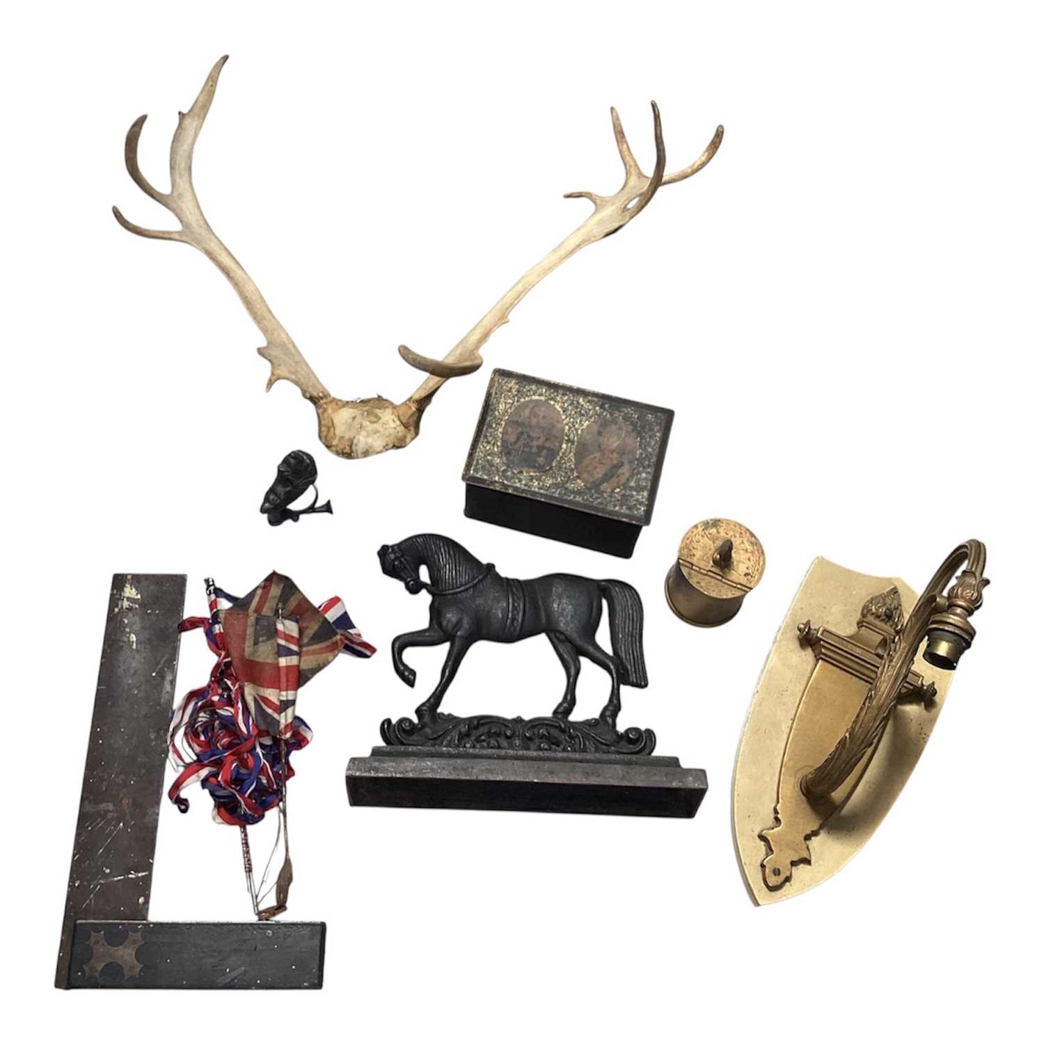 Lot 5183 - Edwardian brass wall light together with a antique iron horse doorstop, Coronation tin, etc