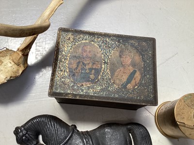 Lot 5183 - Edwardian brass wall light together with a antique iron horse doorstop, Coronation tin, etc
