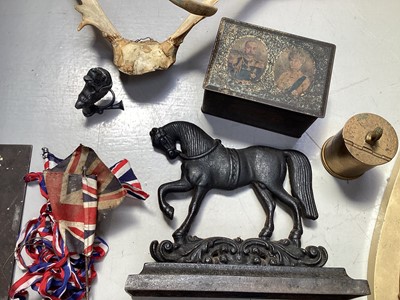 Lot 5183 - Edwardian brass wall light together with a antique iron horse doorstop, Coronation tin, etc