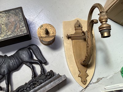 Lot 5183 - Edwardian brass wall light together with a antique iron horse doorstop, Coronation tin, etc
