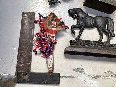 Lot 5183 - Edwardian brass wall light together with a antique iron horse doorstop, Coronation tin, etc