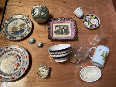 Lot 5057 - Group of antique ceramics and glass, including an 18th century Chinese tea bowl, a similar Japanese tea bowl, a Victorian Sunderland lustre plaque, an 18th century milk glass tankard, etc