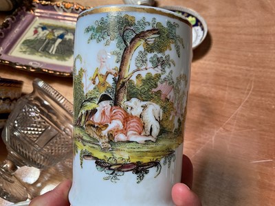 Lot 5057 - Group of antique ceramics and glass, including an 18th century Chinese tea bowl, a similar Japanese tea bowl, a Victorian Sunderland lustre plaque, an 18th century milk glass tankard, etc