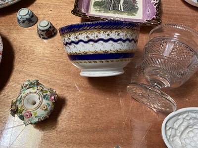 Lot 5057 - Group of antique ceramics and glass, including an 18th century Chinese tea bowl, a similar Japanese tea bowl, a Victorian Sunderland lustre plaque, an 18th century milk glass tankard, etc