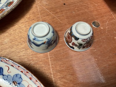 Lot 5057 - Group of antique ceramics and glass, including an 18th century Chinese tea bowl, a similar Japanese tea bowl, a Victorian Sunderland lustre plaque, an 18th century milk glass tankard, etc