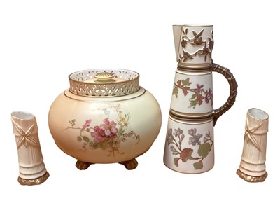 Lot 2205 - Royal Worcester blush ivory pot pouri vase, together with two faux bamboo bud vases and a ewer, (4).