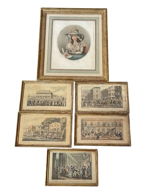Lot 5200 - Group of five early 19th century George Cruikshank engravings, and a 19th century mezzotint portrait, all in gilt frames