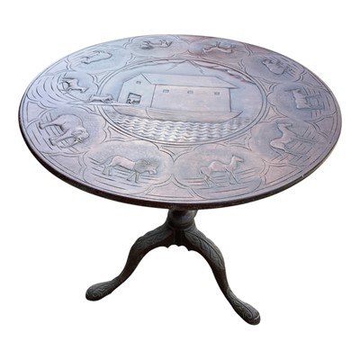 Lot 5421 - Rare 19th century tilt top table with birdcage mechanism, the top with charming carved decoration of animals entering Noah's Ark