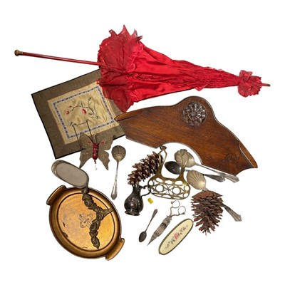 Lot 5206 - Sundry items, including a carved oak panel, silver plate, etc