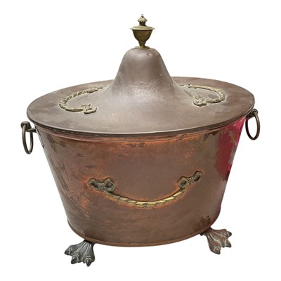 Lot 5212 - Victorian copper and brass coal bin with brass appliqués and claw feet, 40cm wide
