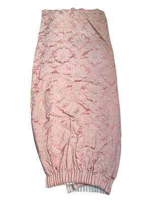 Lot 5222 - Pair of pink damask interlined curtains, another single one with pelmet, and armchair and cushion covers in the same fabric