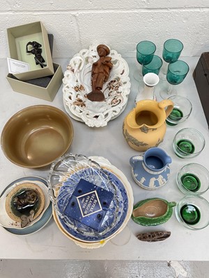 Lot 5224 - Group of ceramics, glass and other items, including a Wedgwood bronze sculpture by Jonathan Sanders, Wedgwood relief moulded jug, Bristol green glasses, etc