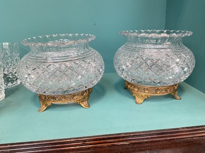 Lot 5236 - Good quality pair of cut glass bowls on gilt brass brasses with pierced foliate decoration, 15cm diameter