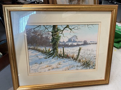 Lot 5240 - Group of pictures, including a gouache winter landscape by K Curtis