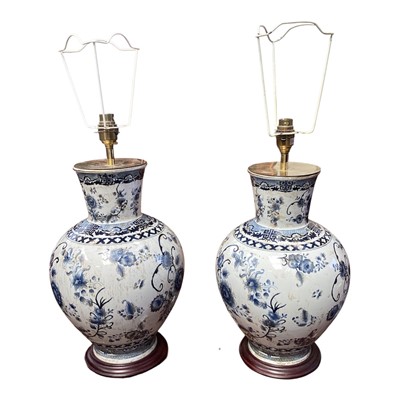 Lot 5238 - Large pair of blue and white ceramic lamps, 47cm tall