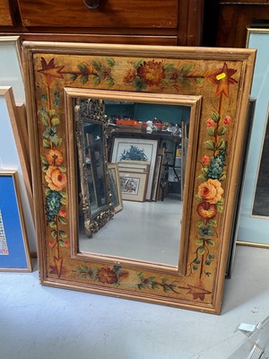 Lot 5427 - Gilt framed mirror with painted foliate decoration, 92cm x 71.5cm, and another narrow gilt mirror (2)