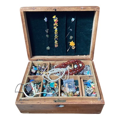 Lot 5258 - Box of costume jewellery and pin badges, 9ct gold earrings and a yellow metal crucifix