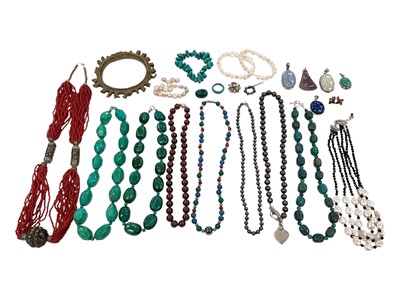 Lot 121 - Group of semi-precious stone necklaces, bracelets and silver mounted pendants including turquoise, lapis lazuli, agate, cultured pearls etc and an Eastern brass bangle