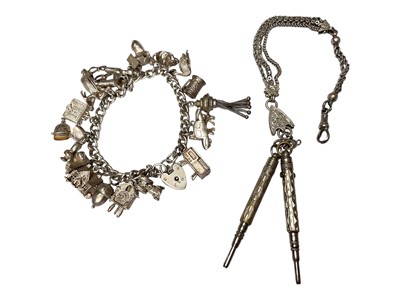 Lot 122 - Silver charm bracelet and a Victorian white metal Albertina with two pencil fobs