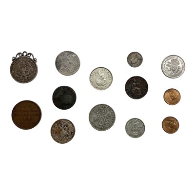 Lot 405 - World - Mixed coins to include a small quantity of G.B. pre 1920 & 1947 silver coins, South Africa 'Kruger' Half Crown 1894 (N.B. With scroll silver mount) and Melbourne, Victoria, Australia...