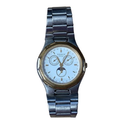 Lot 5002 - Tissot PRX triple calendar with moonphase, gold plated bezel, on a later Seiko strap