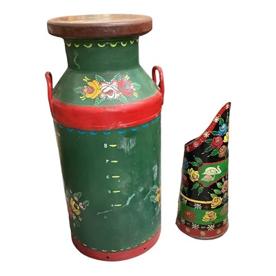Lot 5153 - Group of painted canal ware / barge ware, including a milk churn, together with a brass jam pan and other metalwares