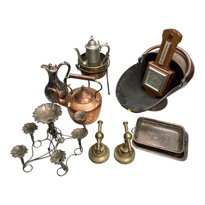 Lot 5135 - Collection of antique and later metalwares, including a copper kettle, silver plated epergne, fire dogs, etc