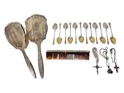 Lot 59 - Set of 12 Continental silver (800 standard) teaspoons, silver backed dressing mirror, brush and comb, together with three silver / white metal amethyst cross pendants