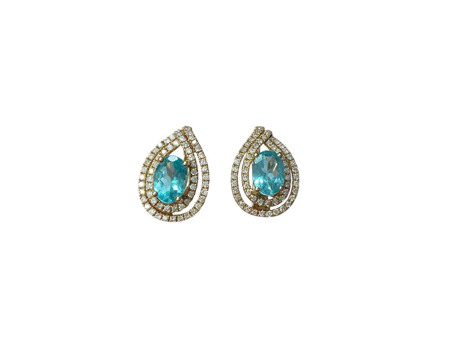 Lot 67 - Pair of 18ct gold diamond and blue apatite earrings with post and clip fittings