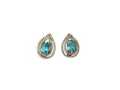 Lot 67 - Pair of 18ct gold diamond and blue apatite earrings with post and clip fittings