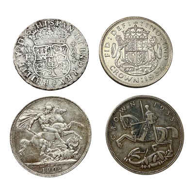 Lot 612 - World - Mixed silver coins to include G.B. Crowns, Edward VII 1902 GVF-AEF, George V 1935 VF, George VI 1937 AU & Mexico 8 Reales 1741 (N.B. Ex unidentifed shipwreck - sea-worn) otherwise GF...